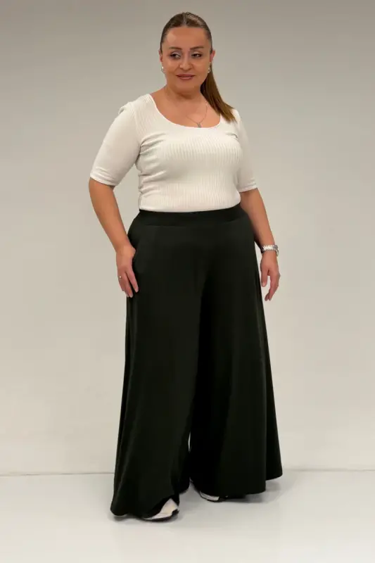 49003 Plus Size Elastic Waist Knit Skirt Pants - Khaki - 3