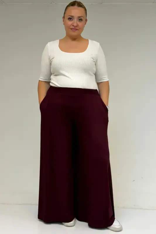 49003 Plus Size Elastic Waist Knitted Skirt Pants - Burgundy - BÜYÜKBEDENIZ