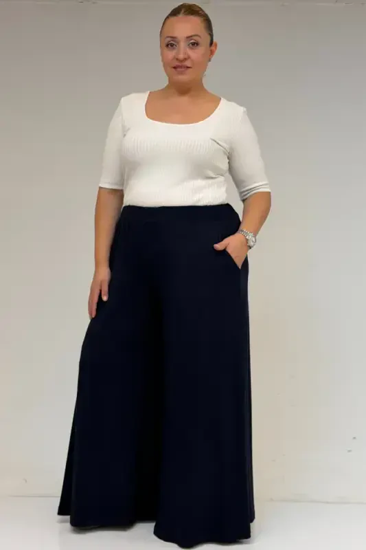 49003 Plus Size Elastic Waist Knitted Skirt Pants - Navy Blue - 1