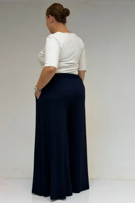 49003 Plus Size Elastic Waist Knitted Skirt Pants - Navy Blue - 3