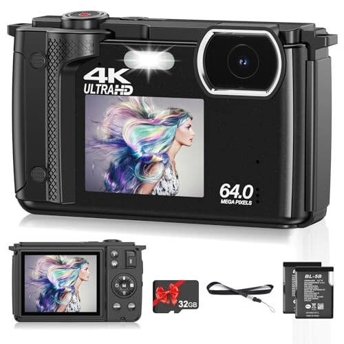 4K 64MP Digital Camera for Photography, Compact Vlogging Camera for YouTube with Auto Focus, Selfie Screens, 32GB SD Card, Point & Shoot Camera with WiFi 18X Zoom, Travel Video Camera for Beginners Kids - 1