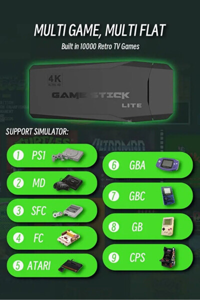 4K Android TV Stick va Retro O'yin Konsoli 10000 ta O'yin bilan 64GB Qora - 4