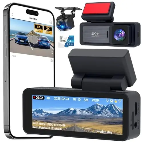 4K Dash Cam, 4K+2K Dash Cam Front and Rear W/ 5GHz WiFi & APP Control 64GB Included, 3.2