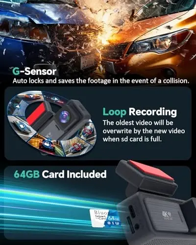 4K Dash Cam, 4K+2K Dash Cam Front and Rear W/ 5GHz WiFi & APP Control 64GB Included, 3.2