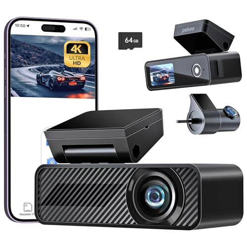 4K Dash Cam Front and Rear, 64GB SD Card, Pelsee 4K+1080P Dual Dash Camera for Cars, Wi-Fi & App Control, 1.5’’IPS Display Car Camera, Voice Control, Night Vision, 24H Parking Mode, G-Sensor - 1