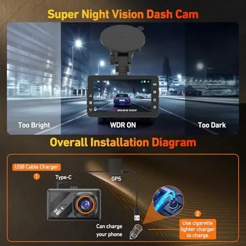 4K Dash Cam Front and Rear Camera with AI(ADAS), Dash Camera for Cars Built-in 5.8G WiFi GPS, 3.2