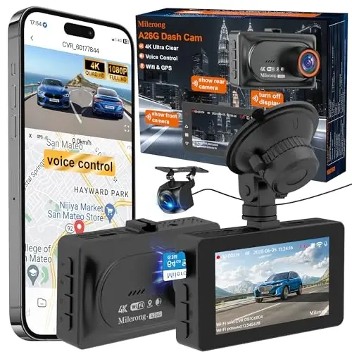 4K Dash Cam Front and Rear Camera with Voice Control | Car Cameras Dashcam for Cars with WiFi, GPS, 64G Card, 24H Parking Monitor, G-Sensor,IR Night Vision,Loop Recording - 1