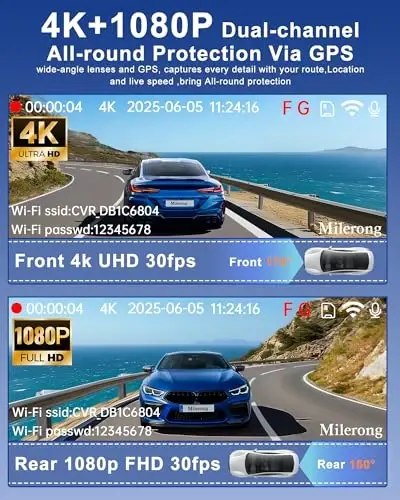 4K Dash Cam Front and Rear Camera with Voice Control | Car Cameras Dashcam for Cars with WiFi, GPS, 64G Card, 24H Parking Monitor, G-Sensor,IR Night Vision,Loop Recording - 3