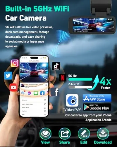 4K Dash Cam Front, Built-in 5GHz WiFi & APP Control, Dash Camera for Cars W/ 32GB Included, 3.2