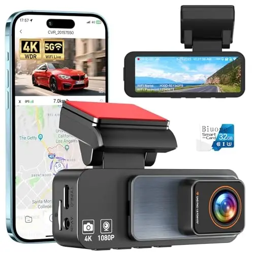 4K Dash Cam Front, Built-in 5GHz WiFi & APP Control, Dash Camera for Cars W/ 32GB Included, 3.2