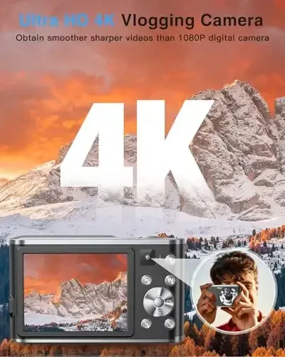4K Digital Camera, 48MP Autofocus Camera Selfie with Front and Rear Dual Lenses, 32GB Card, 2 Batteries, 16X Digital Zoom, Compact Travel Vlogging Video Camera Gift for Kid Teen Beginner(Black) - 3