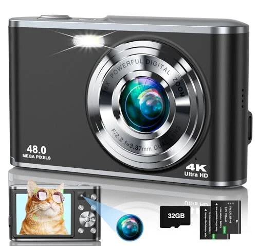4K Digital Camera, 48MP Autofocus Kids Camera Selfie with Front and Rear Dual Lenses, 32GB Card, 2 Batteries, 16X Digital Zoom, Compact Travel Vlogging Video Camera Gift for Kid Teen Beginner (Black) - Aasonida