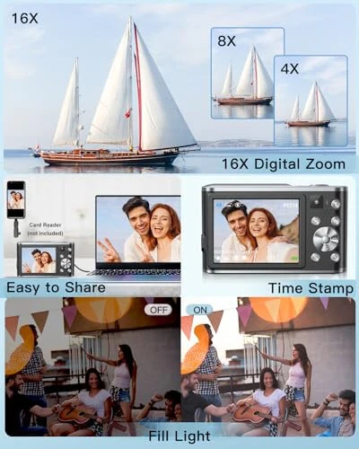 4K Digital Camera, 48MP Autofocus Kids Camera Selfie with Front and Rear Dual Lenses, 32GB Card, 2 Batteries, 16X Digital Zoom, Compact Travel Vlogging Video Camera Gift for Kid Teen Beginner (Black) - 6