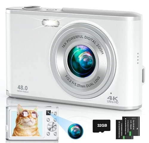 4K Digital Camera, 48MP Autofocus Kids Camera Selfie with Front and Rear Dual Lenses, 32GB Card, 2 Batteries, 16X Digital Zoom, Compact Travel Vlogging Video Camera Gift for Kid Teen Beginner(White) - Aasonida