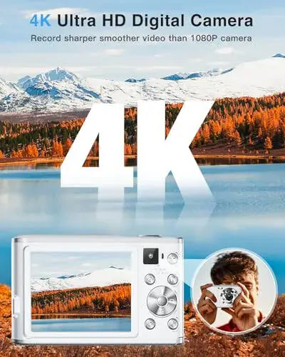 4K Digital Camera, 48MP Autofocus Kids Camera Selfie with Front and Rear Dual Lenses, 32GB Card, 2 Batteries, 16X Digital Zoom, Compact Travel Vlogging Video Camera Gift for Kid Teen Beginner(White) - 2