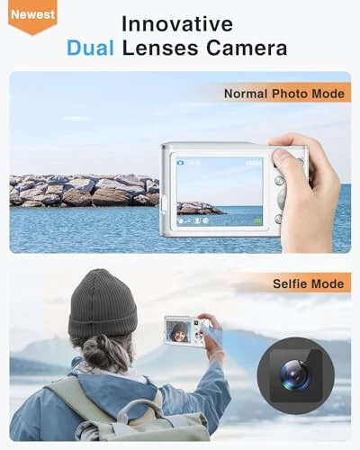 4K Digital Camera, 48MP Autofocus Kids Camera Selfie with Front and Rear Dual Lenses, 32GB Card, 2 Batteries, 16X Digital Zoom, Compact Travel Vlogging Video Camera Gift for Kid Teen Beginner(White) - 4