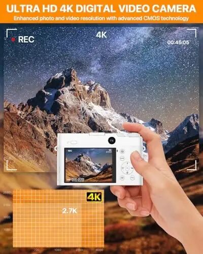 4K Digital Camera, 64MP Dual Cameras for Photography Autofocus Anti-Shake, Video Vlogging Camera for YouTube, Compact Travel Camera with 32GB SD Card, 16X Digital Zoom, Flashlight, 2 Batteries+Charger - 2