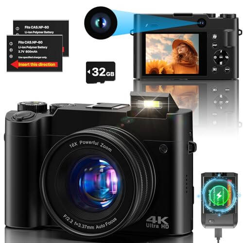 4K Digital Camera, 64MP Dual Cameras for Photography Autofocus Anti-Shake, Video Vlogging Camera for YouTube, Compact Travel Camera with 32GB SD Card, 16X Digital Zoom, Flashlight, 2 Batteries+Charger - 4