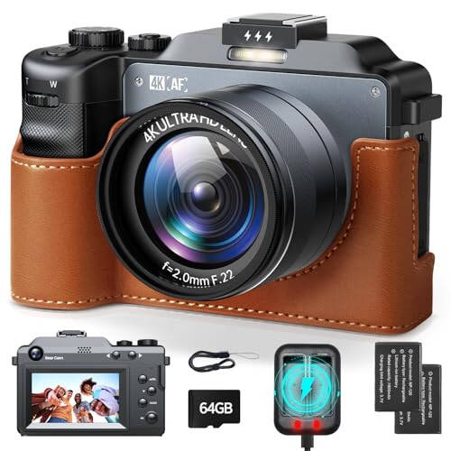 4K Digital Camera 64MP Dual Lens Vlogging Camera with Autofocus, 3.0'' Screen YouTube Camera with Flash 18X Zoom Point and Shoot Digital Camera with 64G Card and 2 Batteries, Compact - 6