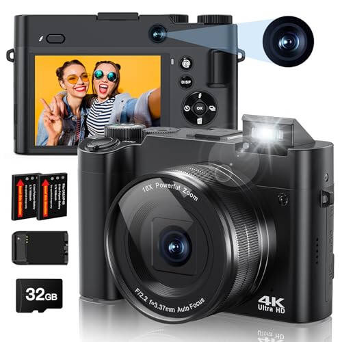 4K Digital Camera, 64MP Rear and Front Camera for Photography and Video Autofocus Anti-Shake, 3'' Selfie Flip Vlogging Camera with Ultra Bright Flash, Camera with Dial 16X Zoom (2 Batteries+Charger) - 1