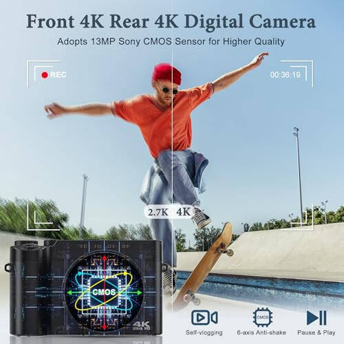 4K Digital Camera, 64MP Rear and Front Camera for Photography and Video Autofocus Anti-Shake, 3'' Selfie Flip Vlogging Camera with Ultra Bright Flash, Camera with Dial 16X Zoom (2 Batteries+Charger) - 2