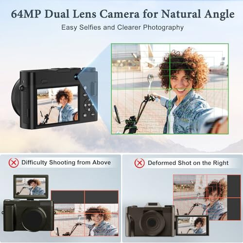 4K Digital Camera, 64MP Rear and Front Camera for Photography and Video Autofocus Anti-Shake, 3'' Selfie Flip Vlogging Camera with Ultra Bright Flash, Camera with Dial 16X Zoom (2 Batteries+Charger) - 3