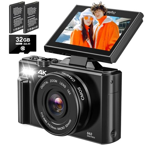 4K Digital Camera - Digital Cameras for Photography - 64MP Vlogging Camera for YouTube - Autofocus Video Camera 3'' 180° Flip Screen with 18X Zoom - Compact Travel Cameras with 32GB SD Card & 2 Batteries - 1