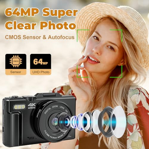 4K Digital Camera - Digital Cameras for Photography - 64MP Vlogging Camera for YouTube - Autofocus Video Camera 3'' 180° Flip Screen with 18X Zoom - Compact Travel Cameras with 32GB SD Card & 2 Batteries - 2