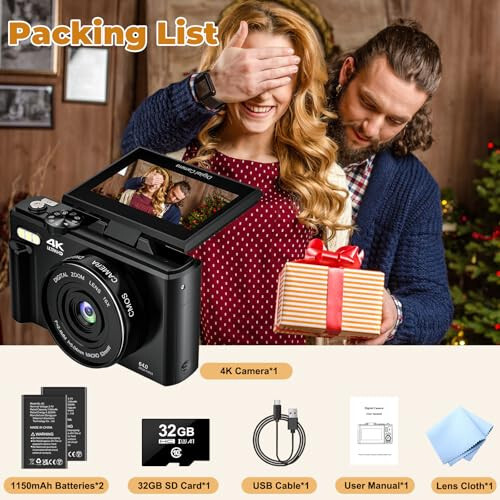 4K Digital Camera - Digital Cameras for Photography - 64MP Vlogging Camera for YouTube - Autofocus Video Camera 3'' 180° Flip Screen with 18X Zoom - Compact Travel Cameras with 32GB SD Card & 2 Batteries - 6