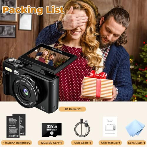 4K Digital Camera - Digital Cameras for Photography - 64MP Vlogging Camera for YouTube - Autofocus Video Camera 3'' 180° Flip Screen with 18X Zoom - Compact Travel Cameras with 32GB SD Card & 2 Batteries - 6