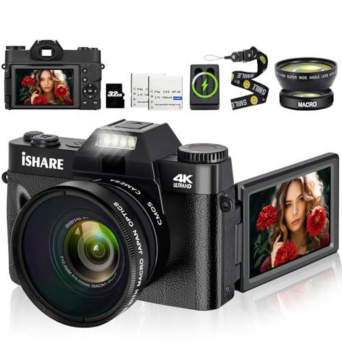 4K Digital Camera for Photography 48MP 18X Digital Zoom Auto Focus Macro Lens, Vlogging Camera with WiFi 2 Batteries 32G TF Card Portable Charger, Cameras Built in Microphone - 1