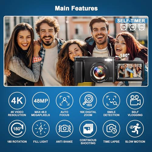 4K Digital Camera for Photography, 48MP Auto-Focus Vlogging Camera for YouTube, 16X Digital Zoom/ 3