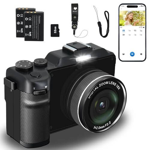 4K Digital Camera for Photography 48MP with WiFi 2 Batteries 32G TF Card, Vlogging Camera 18X Digital Zoom Auto Focus, Cameras Built in Microphone and Speaker - 1