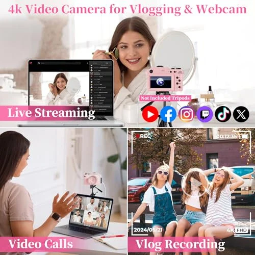 4K Digital Camera for Photography 64MP Autofocus Vlogging WiFi Camera for YouTube Video Compact Travel Vintage Point Shoot Cameras with 16X Zoom, 64GB Card, Selfie Lens, 2 Batteries+Charger(Pink) - 17