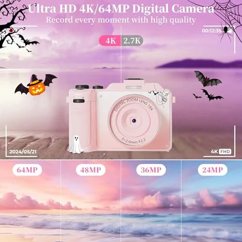 4K Digital Camera for Photography 64MP Autofocus Vlogging WiFi Camera for YouTube Video Compact Travel Vintage Point Shoot Cameras with 16X Zoom, 64GB Card, Selfie Lens, 2 Batteries+Charger(Pink) - 8