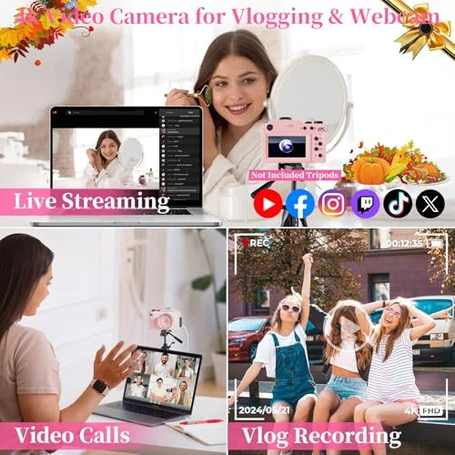 4K Digital Camera for Photography 64MP Autofocus Vlogging WiFi Camera for YouTube Video Compact Travel Vintage Point Shoot Cameras with 16X Zoom, 64GB Card, Selfie Lens, 2 Batteries+Charger(Pink) - 5