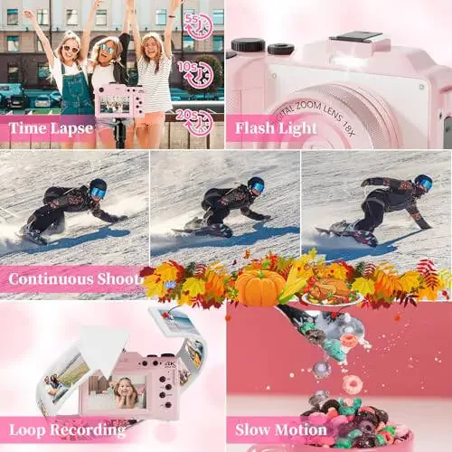 4K Digital Camera for Photography 64MP Autofocus Vlogging WiFi Camera for YouTube Video Compact Travel Vintage Point Shoot Cameras with 16X Zoom, 64GB Card, Selfie Lens, 2 Batteries+Charger(Pink) - 6