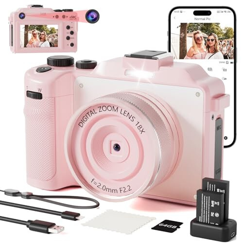 4K Digital Camera for Photography 64MP Autofocus Vlogging WiFi Camera for YouTube Video Compact Travel Vintage Point Shoot Cameras with 16X Zoom, 64GB Card, Selfie Lens, 2 Batteries+Charger(Pink) - 1
