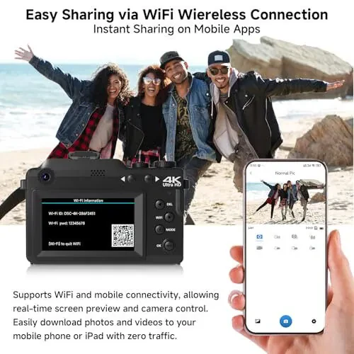 4K Digital Camera For photography, 64MP WiFi Autofoucs Vlogging Camera for Youtube, 4K Video Compact Travel Point Shoot Cameras with Flash, Selfie Lens, 64GB Card, 18X Zoom, 2 Batteries+Charger(Black) - 2