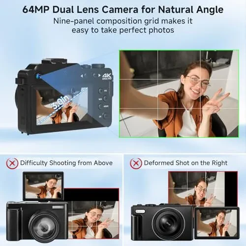 4K Digital Camera For photography, 64MP WiFi Autofoucs Vlogging Camera for Youtube, 4K Video Compact Travel Point Shoot Cameras with Flash, Selfie Lens, 64GB Card, 18X Zoom, 2 Batteries+Charger(Black) - 4