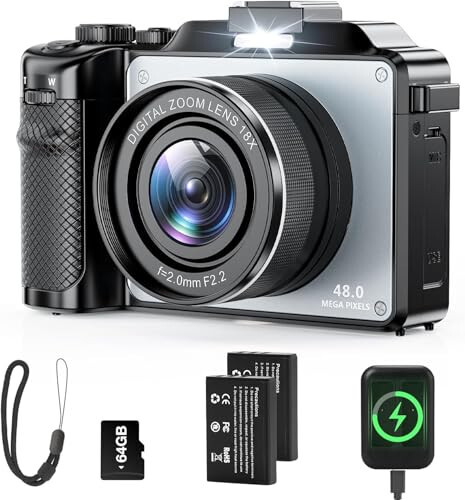 4K Digital Camera for Photography and Video, 64MP Auto-Focus Anti-Shake Vlogging Camera with 18X Digital Zoom, Flash, Compact Travel Camera with 64GB TF Card, 2 Batteries and Battery Charger, Silver - 1