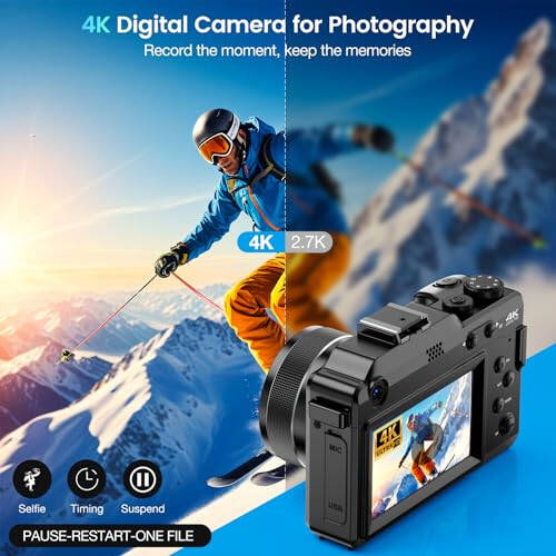 4K Digital Camera for Photography and Video, 64MP Auto-Focus Anti-Shake Vlogging Camera with 18X Digital Zoom, Flash, Compact Travel Camera with 64GB TF Card, 2 Batteries and Battery Charger, Silver - 2