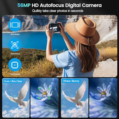 4K Digital Camera for Photography and Video, 64MP Auto-Focus Anti-Shake Vlogging Camera with 18X Digital Zoom, Flash, Compact Travel Camera with 64GB TF Card, 2 Batteries and Battery Charger, Silver - 4