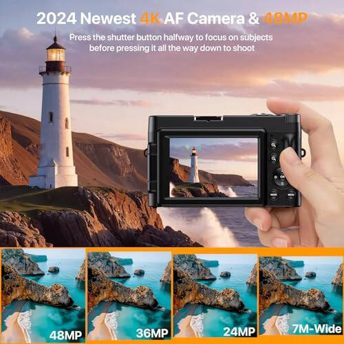 4K Digital Camera for Photography Auto-Focus Vlogging Camera for YouTube Video with 3'' 180° Flip Screen 16X Anti-Shake 4K Camera Compact Cameras with SD Card, Flash, 2 Batteries & Battery Charger - 3