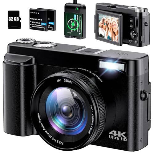 4K Digital Camera for Photography Autofocus 48MP 4K Camera with SD Card, 180° 3.0 inch Flip Screen Vlogging Camera for YouTube Video Compact Cameras with 16X Digital Zoom, Anti-Shake, 2 Batteries - 1