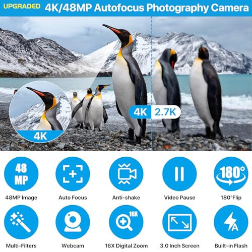 4K Digital Camera for Photography Autofocus 48MP 4K Camera with SD Card, 180° 3.0 inch Flip Screen Vlogging Camera for YouTube Video Compact Cameras with 16X Digital Zoom, Anti-Shake, 2 Batteries - 2