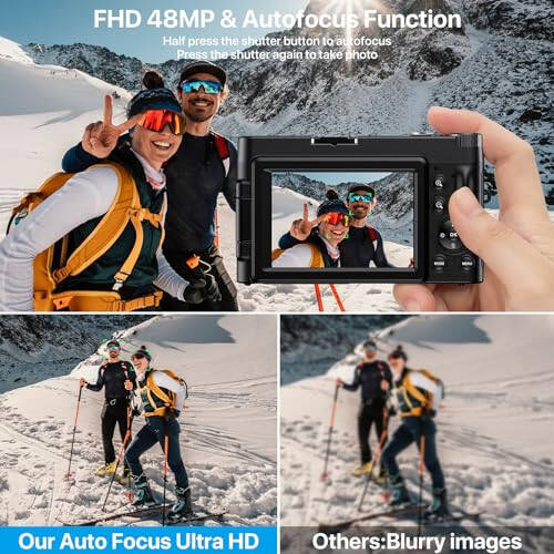 4K Digital Camera for Photography Autofocus 48MP 4K Camera with SD Card, 180° 3.0 inch Flip Screen Vlogging Camera for YouTube Video Compact Cameras with 16X Digital Zoom, Anti-Shake, 2 Batteries - 3