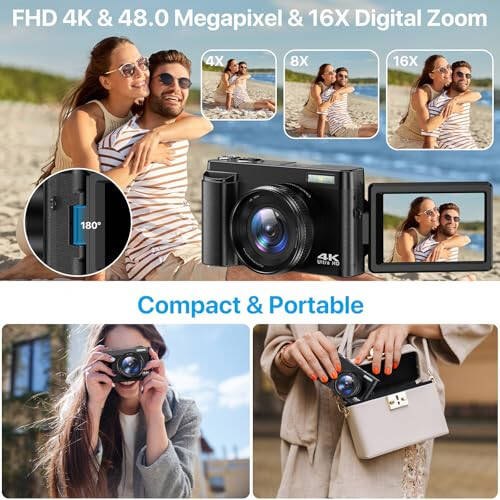 4K Digital Camera for Photography Autofocus 48MP 4K Camera with SD Card, 180° 3.0 inch Flip Screen Vlogging Camera for YouTube Video Compact Cameras with 16X Digital Zoom, Anti-Shake, 2 Batteries - 4