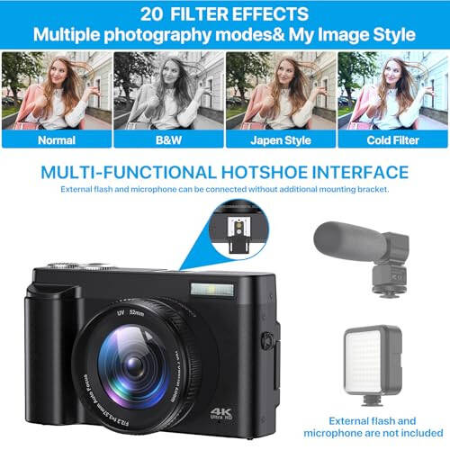 4K Digital Camera for Photography Autofocus 48MP 4K Camera with SD Card, 180° 3.0 inch Flip Screen Vlogging Camera for YouTube Video Compact Cameras with 16X Digital Zoom, Anti-Shake, 2 Batteries - 6