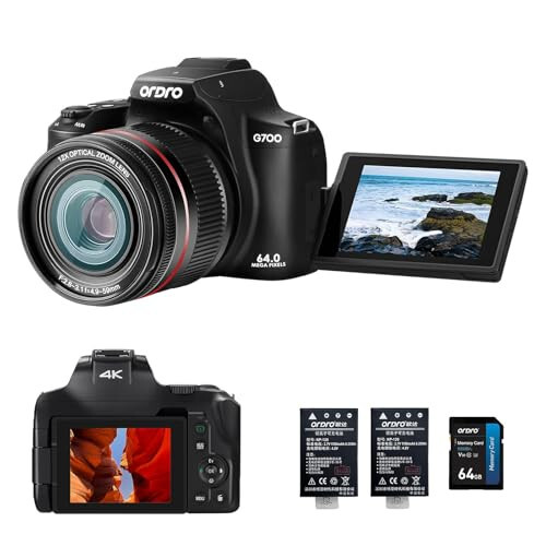 4K Digital Camera for Photography & Video, 12X Optical Zoom Camera with Flip Screen, 64MP WiFi Touch Screen Vlogging Camera with Flash, 64GB SD Card, 1700mAH Battery - Black - 1